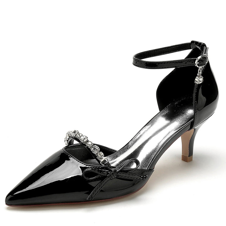Chaussures de Mariage pour Femmes en Cuir Verni avec Nœud en Strass et Bout Pointu