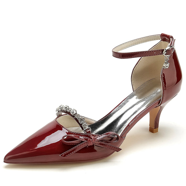 Chaussures de Mariage pour Femmes en Cuir Verni avec Nœud en Strass et Bout Pointu