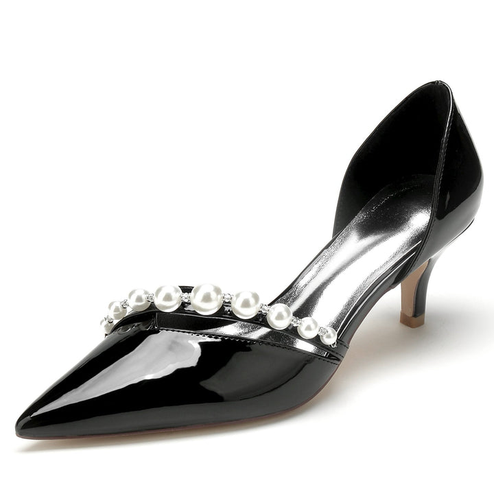 Chaussures de Mariage pour Femmes en Cuir Verni avec Perles et Bout Pointu Minimaliste