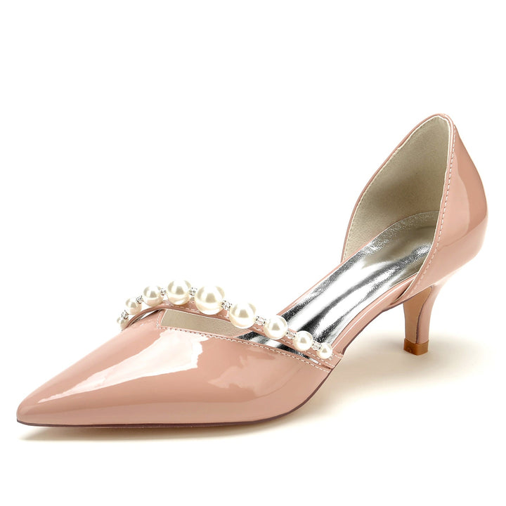 Chaussures de Mariage pour Femmes en Cuir Verni avec Perles et Bout Pointu Minimaliste