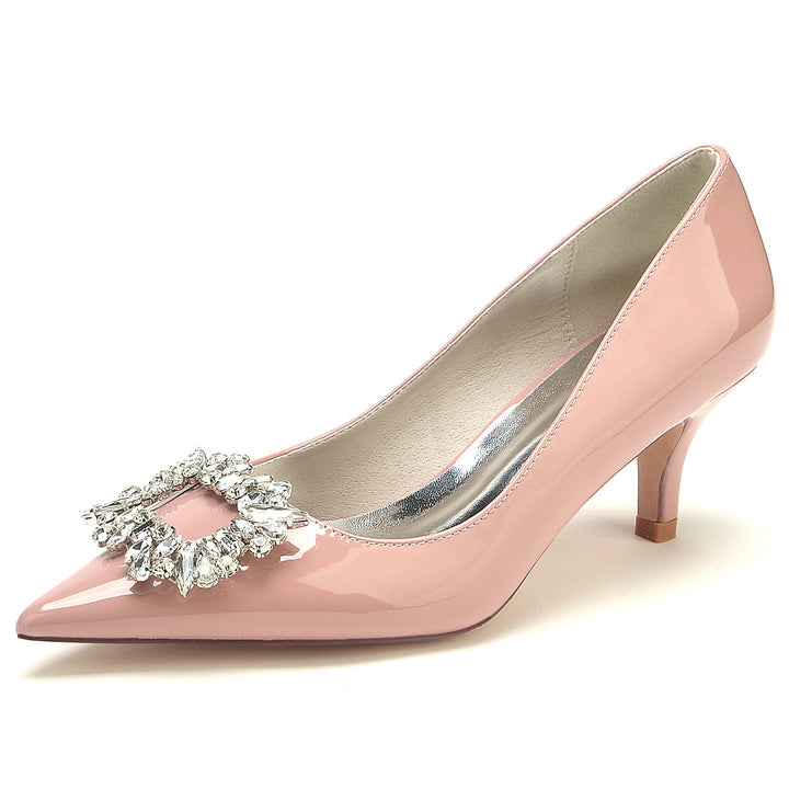 Chaussures de Mariage pour Femmes en Cuir Verni à Bout Pointu et Carré en Cristal