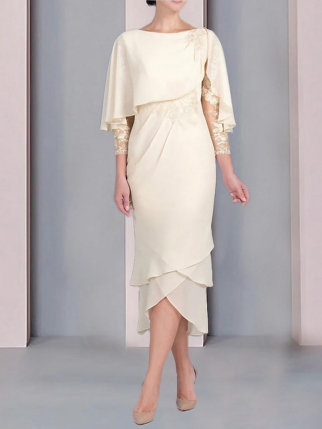 Robe de Mère de la Mariée Fourreau/Colonne à Manches Courtes et Longueur Thé avec Appliques et Dentelle