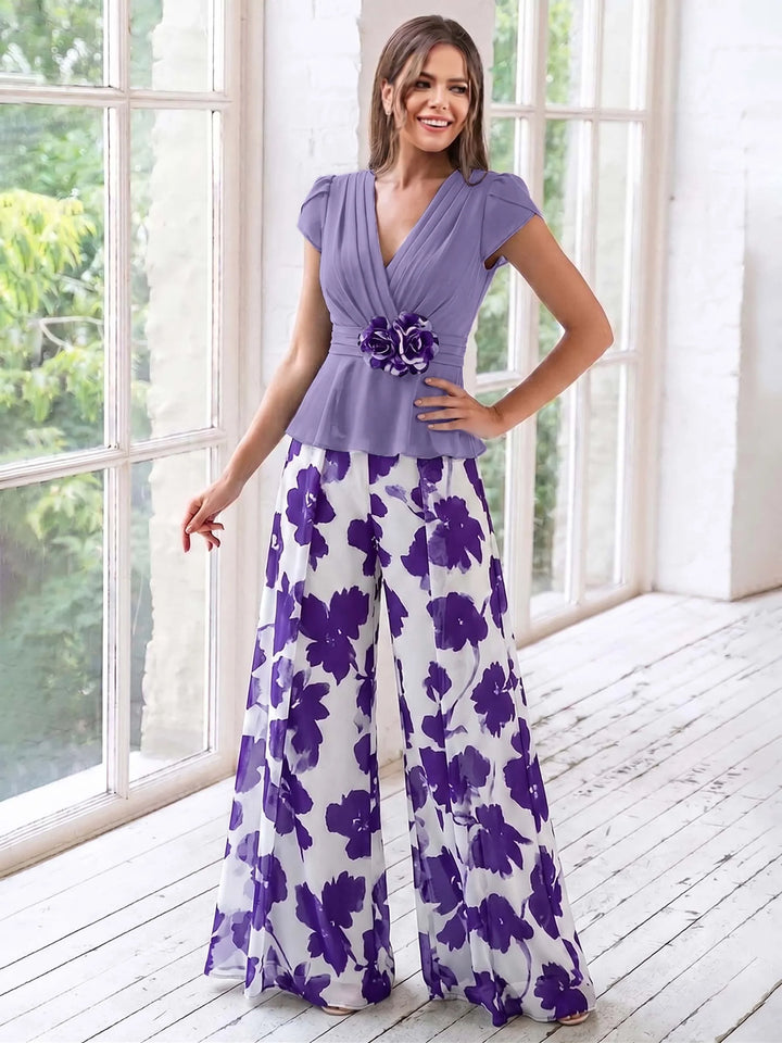Ensemble Pantalon de Mère de la Mariée à Fleurs, Coupe A-Line/Princesse, Col en V, Manches Courtes, Longueur Au Sol, Motif Floral