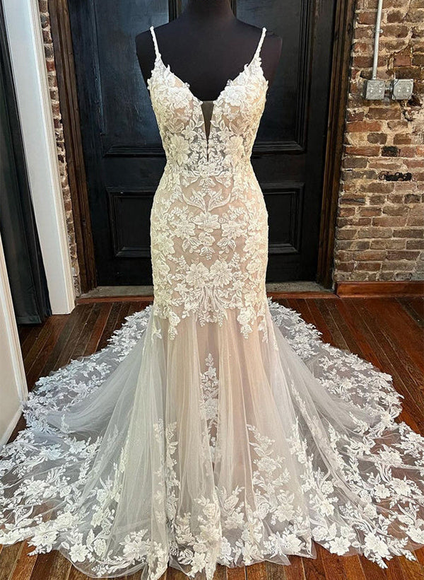 Robe de Mariée Sirène/Trompette en Dentelle à Col en V et Longueur Au Sol
