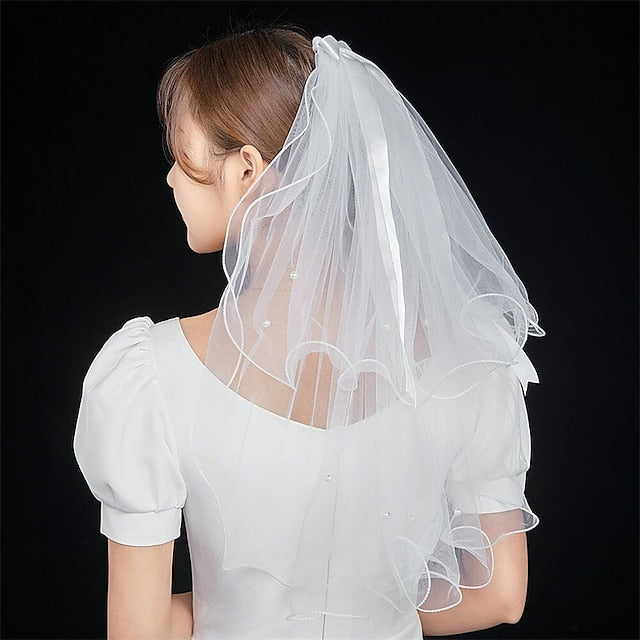 à deux niveaux Personnalisé / Perles Voile de mariage avec Fausse Perle / Satin Noeud Tulle