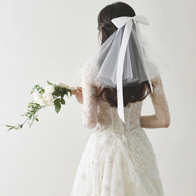 Voiles de Mariage à Deux Niveaux de Style Doux avec Nœud en Satin