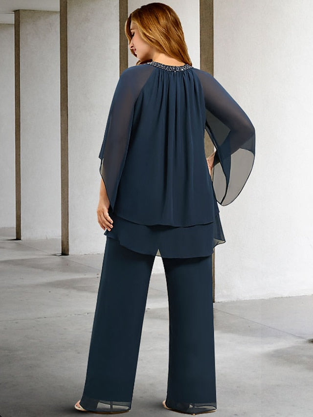 Tailleur-Pantalon en Mousseline de Soie à Col Bijou pour Mère de la Mariée