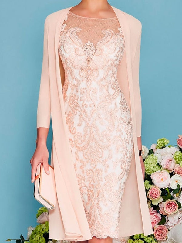 Robe de Mère de la Mariée Fourreau/Colonne à Manches Longues et Longueur Genou avec Appliques en Dentelle et Perles