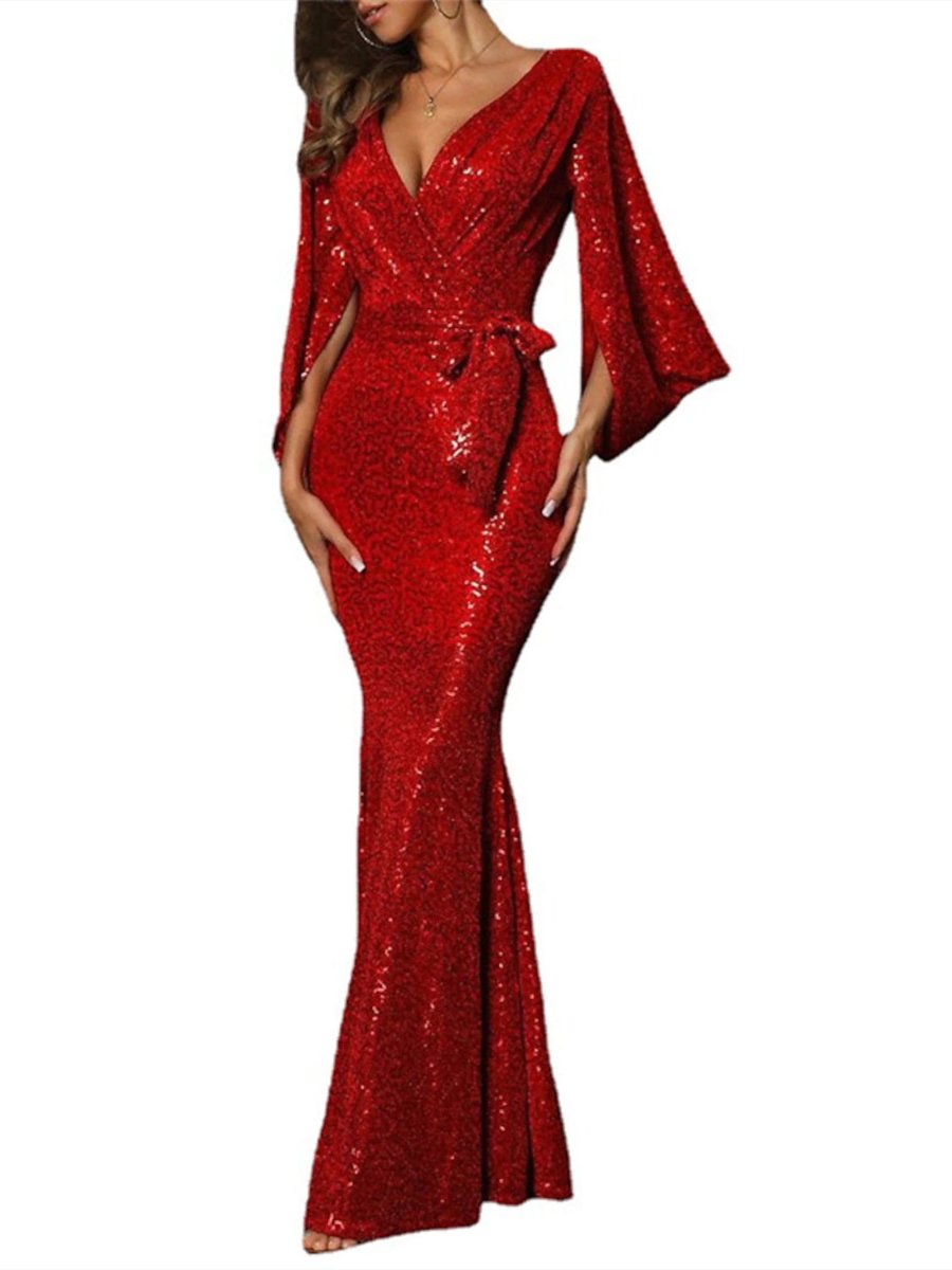 Robe de Bal Sirène à Manches Longues et Col en V, Longueur Au Sol, Paillettes avec Nœud(S)