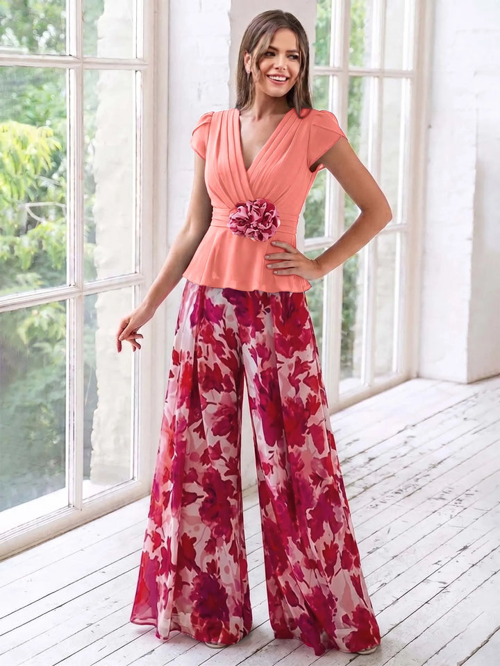 Ensemble Pantalon de Mère de la Mariée à Fleurs, Coupe A-Line/Princesse, Col en V, Manches Courtes, Longueur Au Sol, Motif Floral