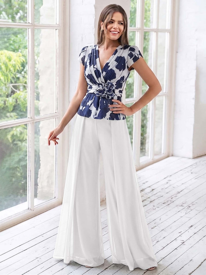 Ensemble Pantalon de Mère de la Mariée à Fleurs, Coupe A-Line/Princesse, Col en V, Manches Courtes, Longueur Au Sol, Motif Floral