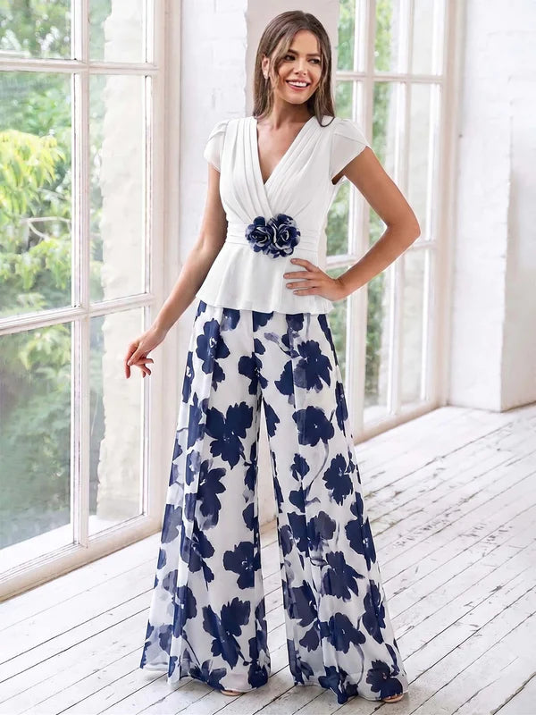 Ensemble Pantalon de Mère de la Mariée à Fleurs, Coupe A-Line/Princesse, Col en V, Manches Courtes, Longueur Au Sol, Motif Floral
