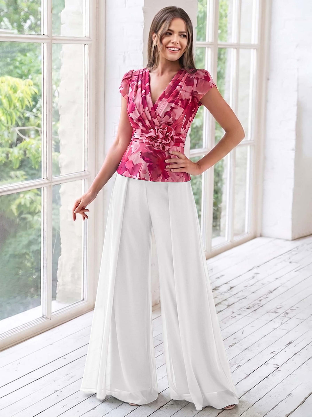 Ensemble Pantalon de Mère de la Mariée à Fleurs, Coupe A-Line/Princesse, Col en V, Manches Courtes, Longueur Au Sol, Motif Floral