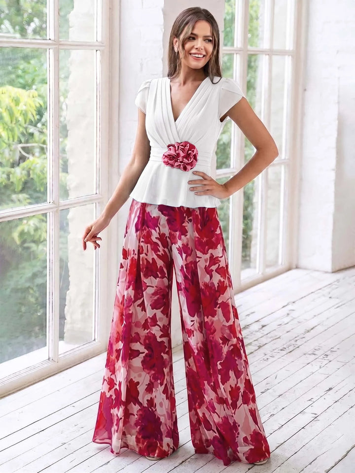 Ensemble Pantalon de Mère de la Mariée à Fleurs, Coupe A-Line/Princesse, Col en V, Manches Courtes, Longueur Au Sol, Motif Floral