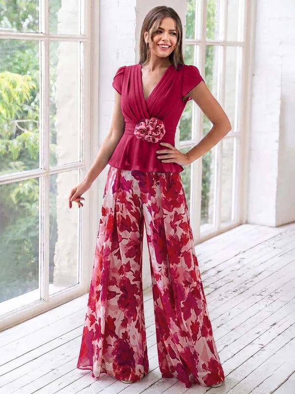 Ensemble Pantalon de Mère de la Mariée à Fleurs, Coupe A-Line/Princesse, Col en V, Manches Courtes, Longueur Au Sol, Motif Floral