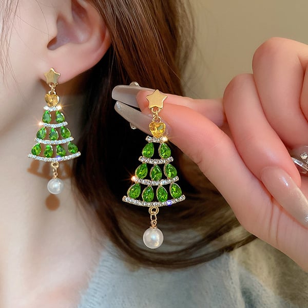 Boucles d'oreilles pendantes en forme d'arbre de Noël avec perles et strass