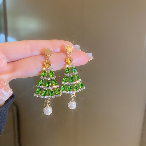 Boucles d'oreilles pendantes en forme d'arbre de Noël avec perles et strass