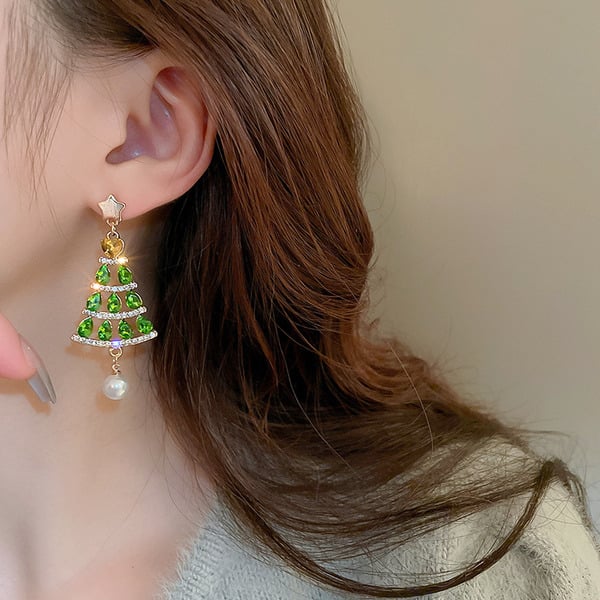 Boucles d'oreilles pendantes en forme d'arbre de Noël avec perles et strass