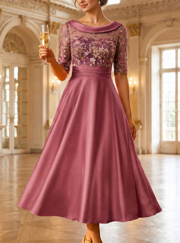 Robe Mère de la Mariée Ligne A/Princesse en Satin à Col Rond Manches Mi-Longues Longueur Midi