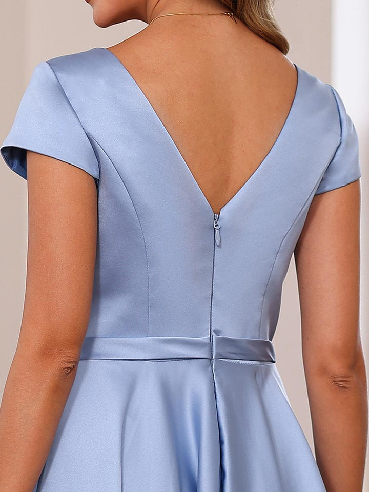 Robe de Mère de la Mariée Coupe A-Line/Princess, Col en V, Manches Courtes, Longueur Cheville, avec Poches et Volants