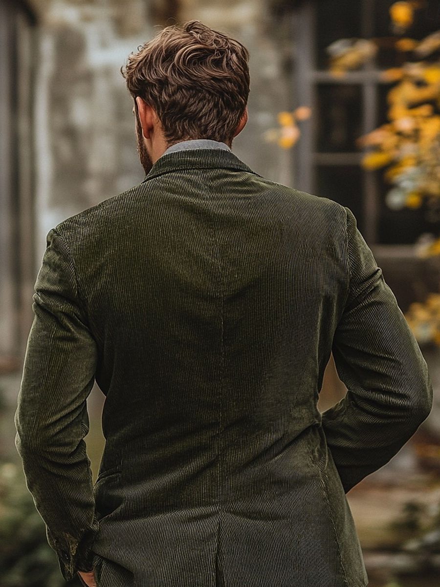 Costume homme deux pièces vert armée, velours côtelé, uni, coupe régulière, croisé, 6 boutons, pour soirée