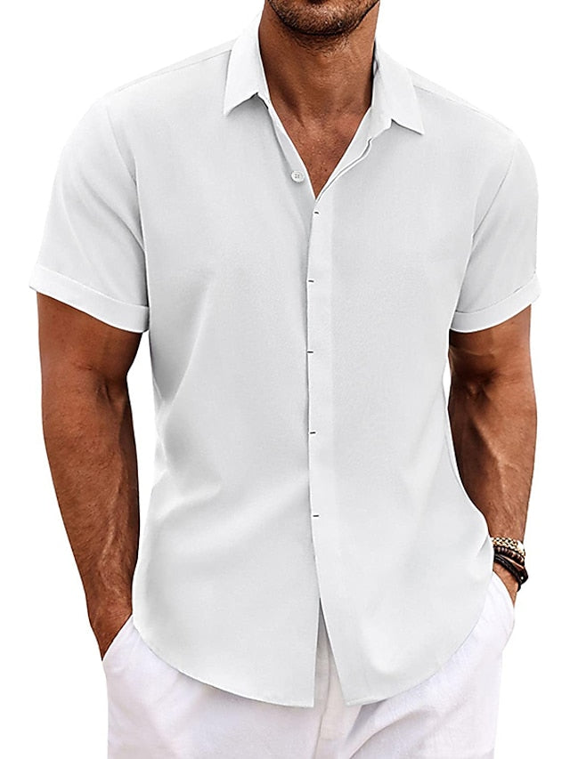 Chemise décontractée en coton et lin à manches courtes de couleur unie pour hommes