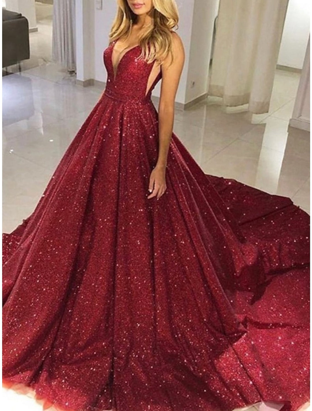 Forme Princesse Col V Sans Manches Longue Robes de bal avec Paillettes