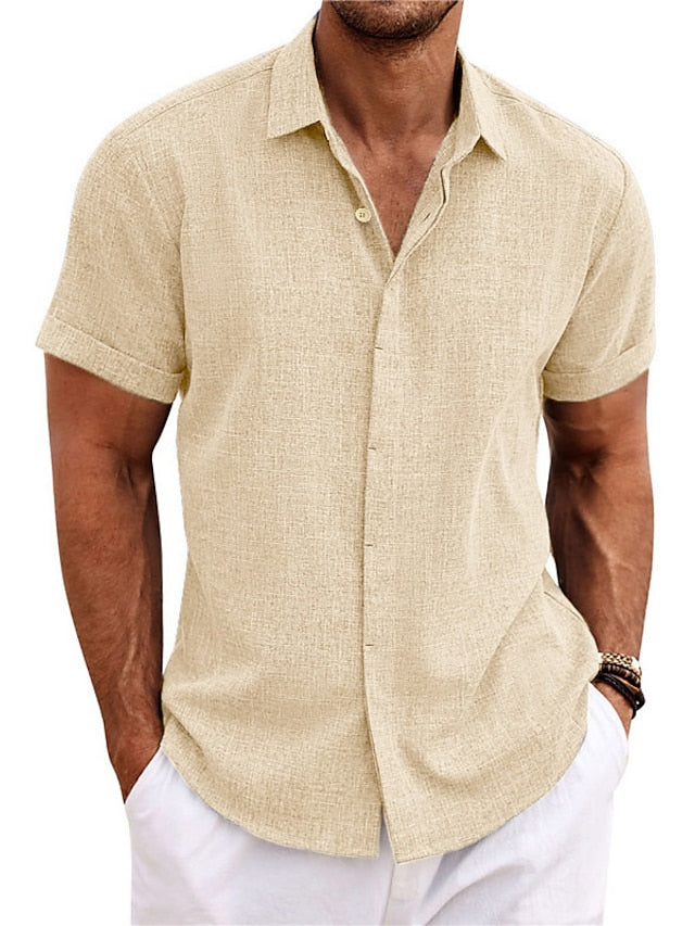 Chemise décontractée en coton et lin à manches courtes de couleur unie pour hommes