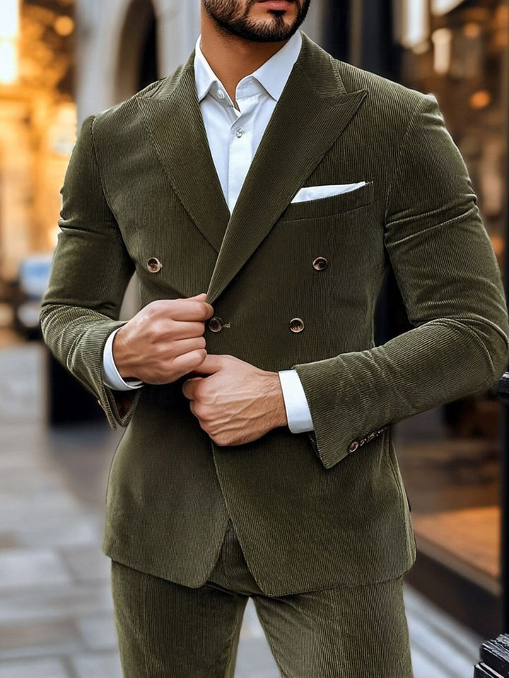 Costume homme deux pièces vert armée, velours côtelé, uni, coupe régulière, croisé, 6 boutons, pour soirée