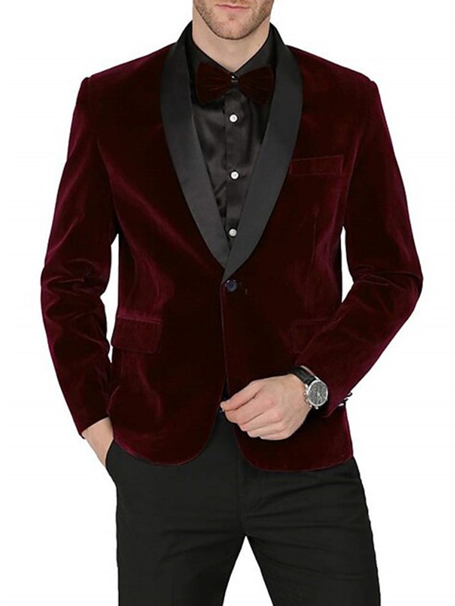 Veste de costume homme deux pièces vert, bleu, bordeaux, velours, coupe régulière, droit, 1 bouton, pour soirée