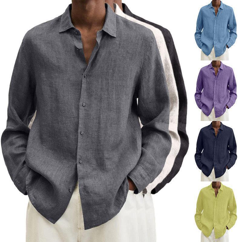 Chemise décontractée en coton et lin à manches longues de couleur unie pour hommes