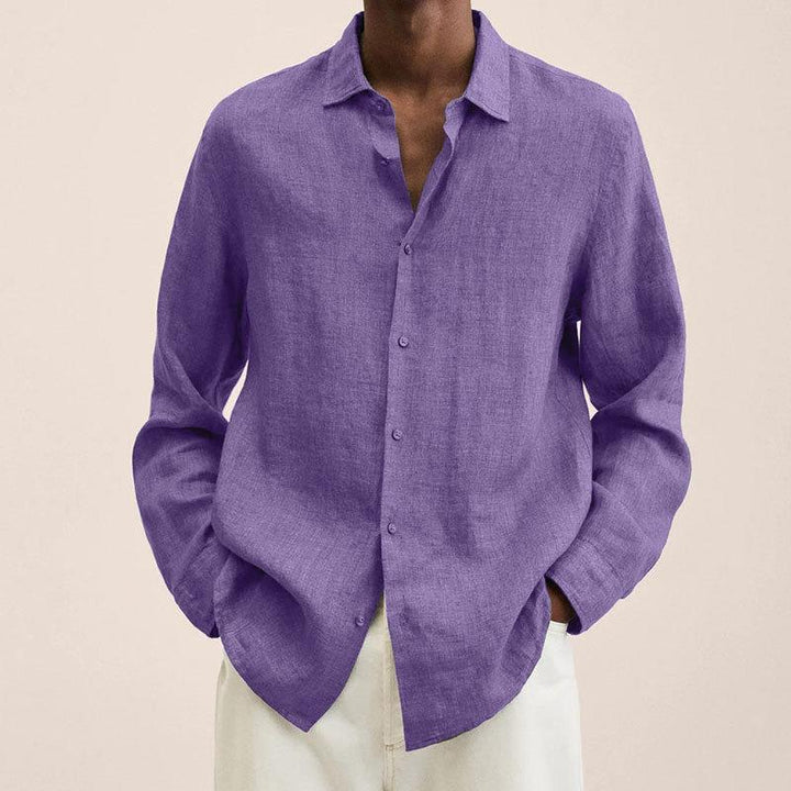 Chemise décontractée en coton et lin à manches longues de couleur unie pour hommes