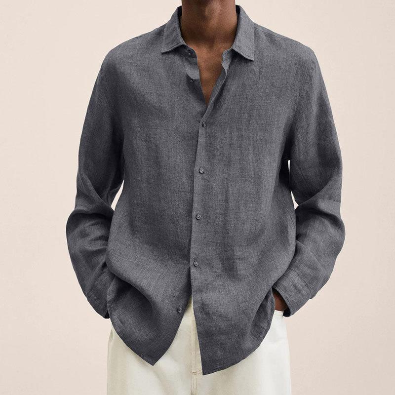 Chemise décontractée en coton et lin à manches longues de couleur unie pour hommes