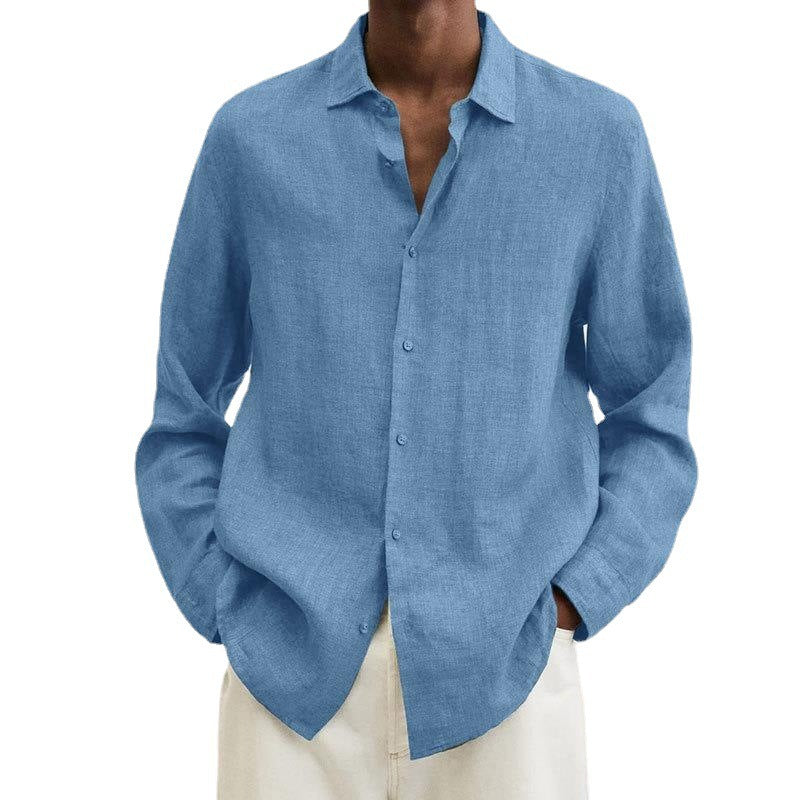 Chemise décontractée en coton et lin à manches longues de couleur unie pour hommes