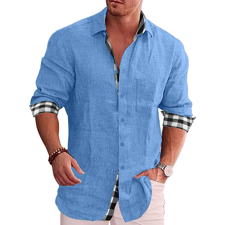 Chemise décontractée en coton et lin à manches longues de couleur unie pour hommes