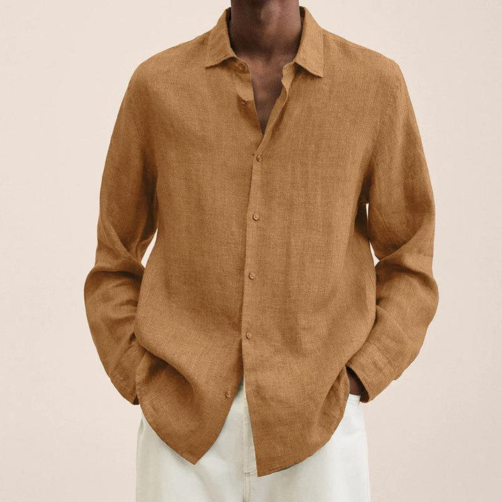 Chemise décontractée en coton et lin à manches longues de couleur unie pour hommes