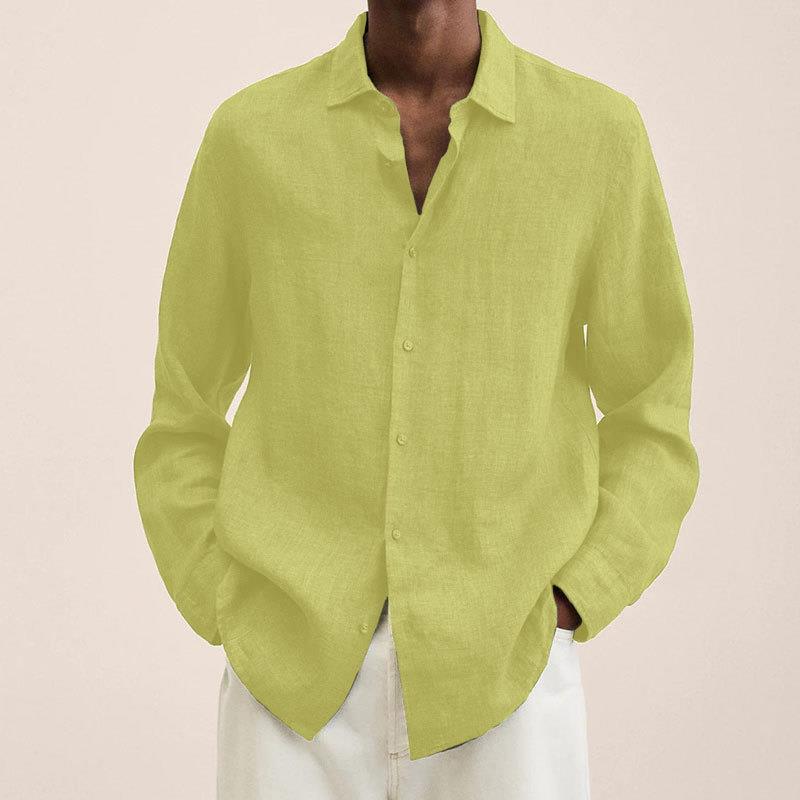 Chemise décontractée en coton et lin à manches longues de couleur unie pour hommes