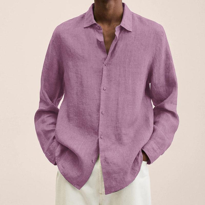 Chemise décontractée en coton et lin à manches longues de couleur unie pour hommes