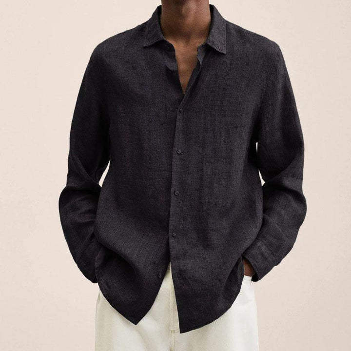 Chemise décontractée en coton et lin à manches longues de couleur unie pour hommes