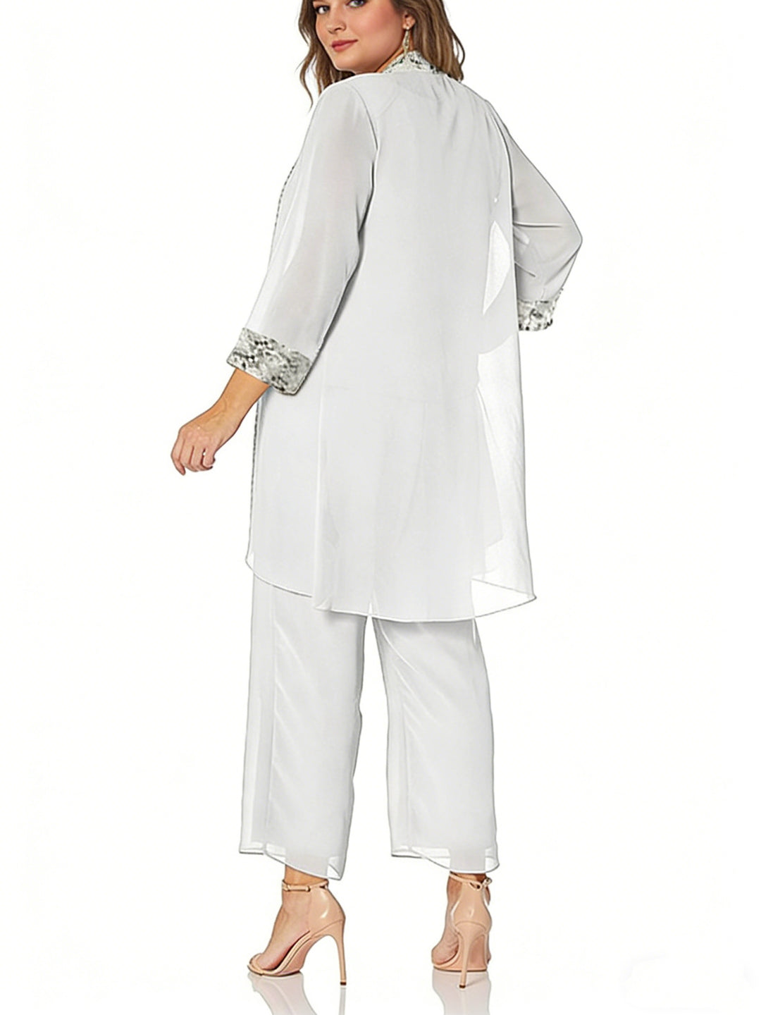 Tailleur-Pantalon en Mousseline de Soie à Col Rond et Longueur Au Sol avec Veste pour Mère de la Mariée, Grande Taille