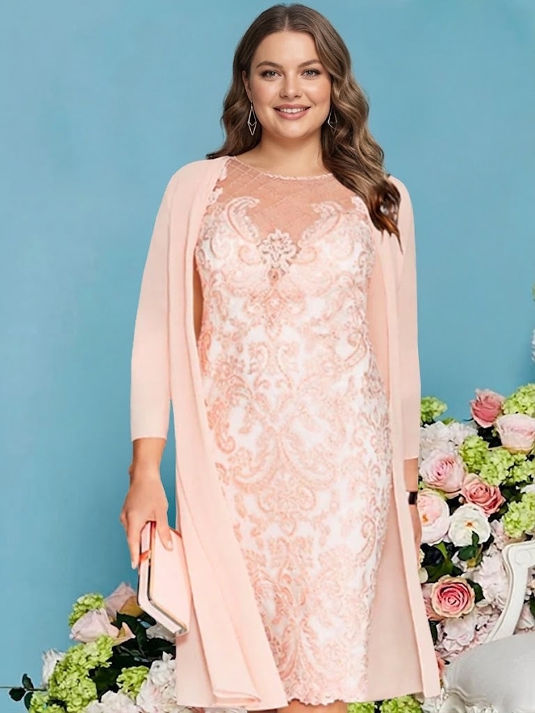 Robe de Mère de la Mariée Grande Taille, Fourreau/Colonne, Manches Longues, Longueur Genou, avec Appliques en Dentelle et Perles