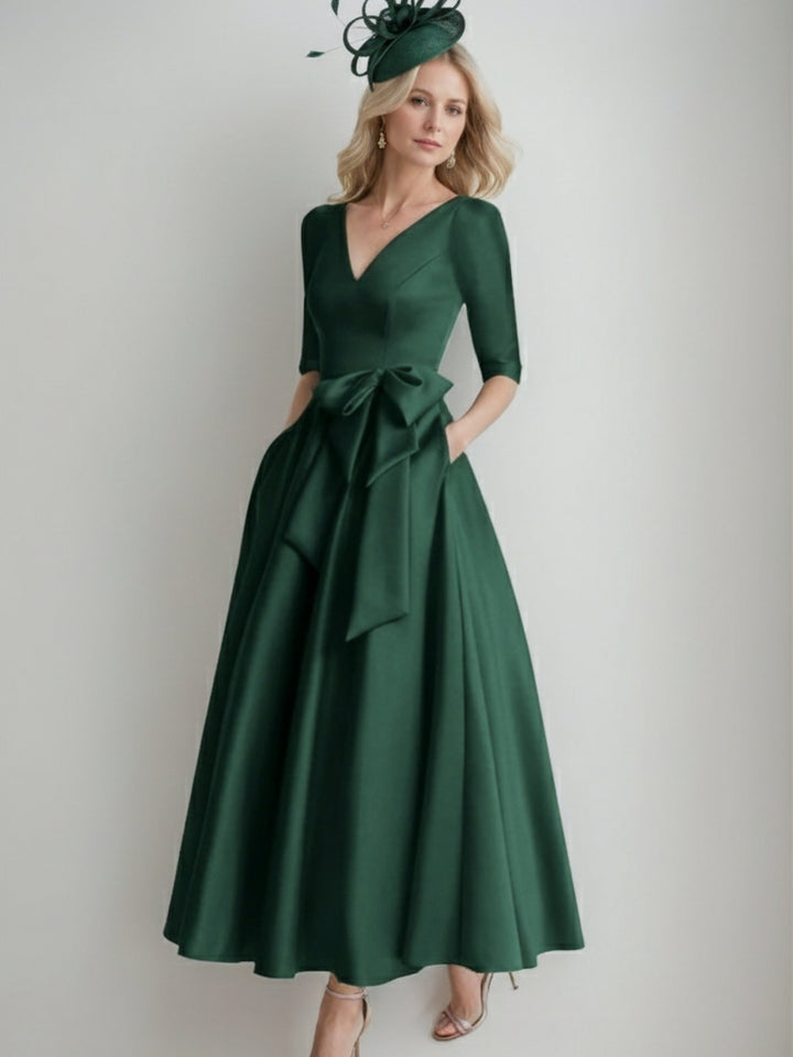 Robe de Mère de la Mariée en Satin à Manches 3/4 et Col en V, Ligne A/Princesse, Longueur Thé, avec Nœud(S)