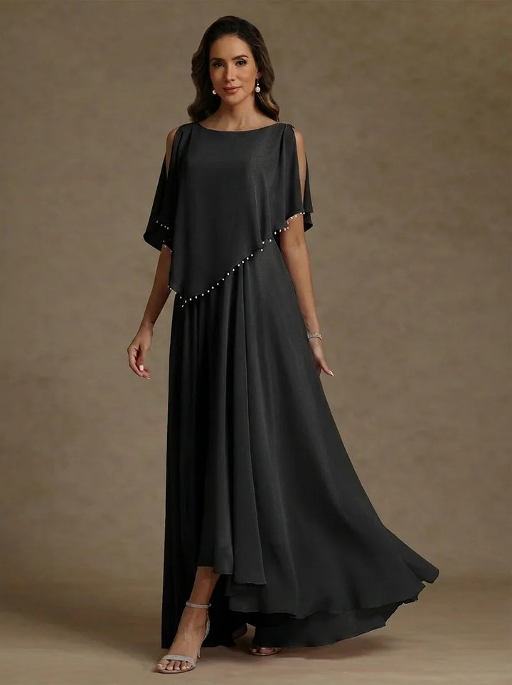 Robe mère de la mariée mousseline ligne A, col rond, sans manches, longueur sol, perles et plissé
