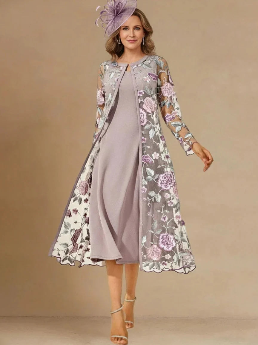 Robe Mère de la Mariée, 2 Pièces, Ligne A/Princesse, Col en V, Dentelle Florale, 3/4 Manches, Longueur du Thé