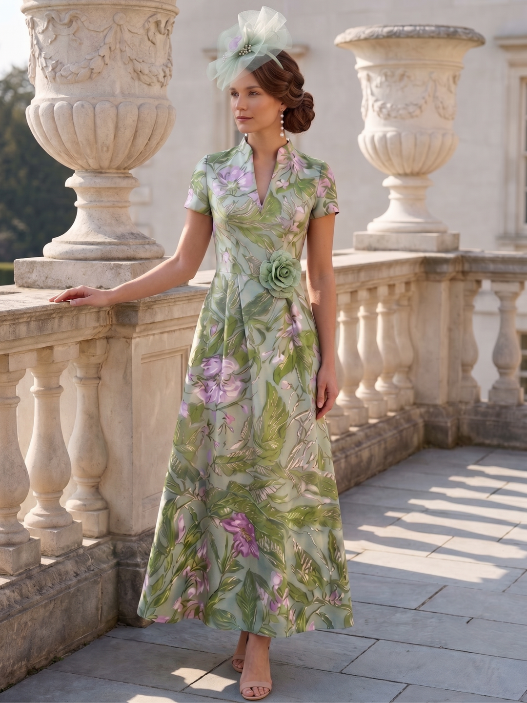 Robe mère de la mariée, Ligne A/Princesse, Manches Courtes, Longueur de la Cheville, Satin, Col en V, Florale, 3D Fleurs