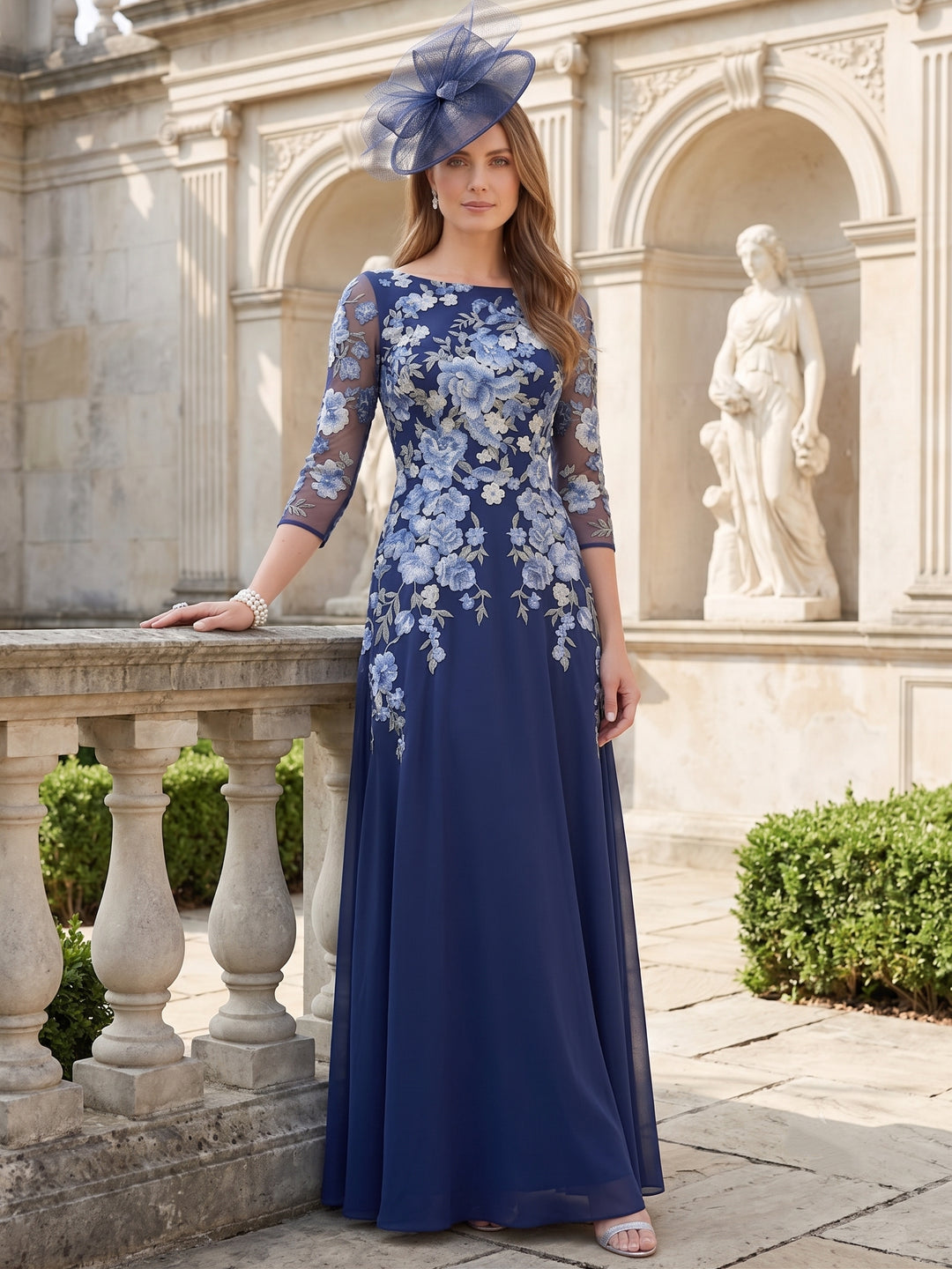 Robe Mère de la Mariée Florale en Mousseline, Ligne A/Princesse, Col Rond, Manches 3/4, Longueur au Sol