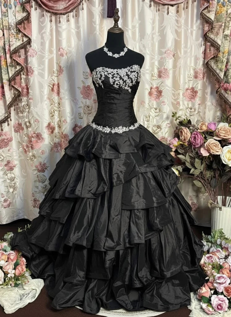 Robe de Bal de Promo Ligne A/Princesse Bustier en Taffetas Longueur au Sol à Volants avec Appliqués Sans Manches