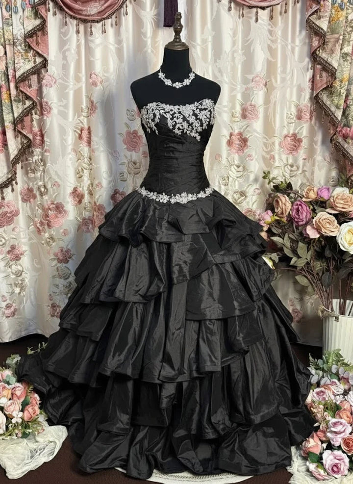 Robe de Bal de Promo Ligne A/Princesse Bustier en Taffetas Longueur au Sol à Volants avec Appliqués Sans Manches