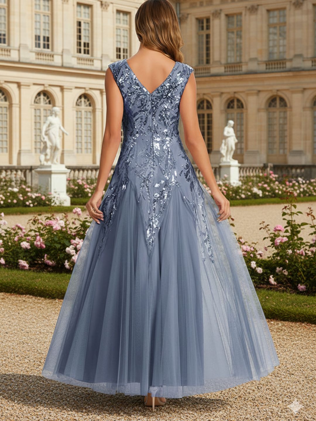 Robe longue sans manches décolletée en V brodée de fleurs en A