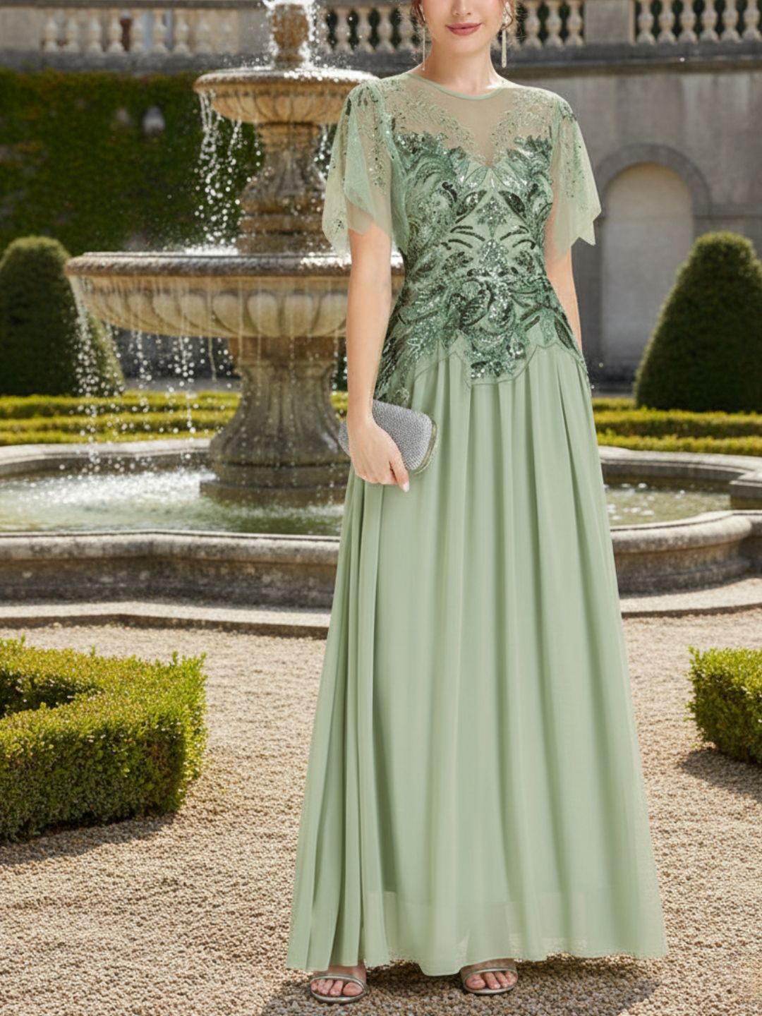 robe longue évasée à manches courtes avec volants sequins et broderies